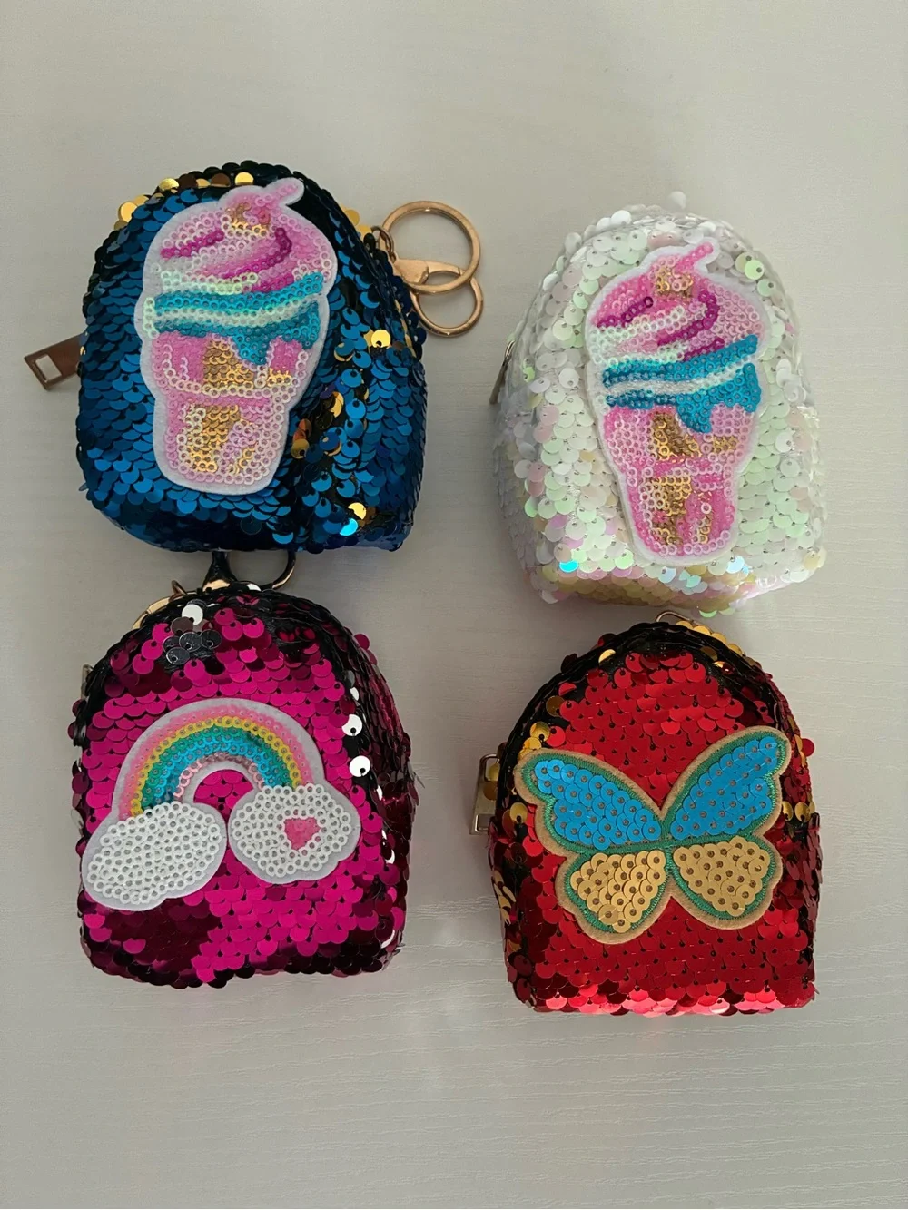 Sequin Mini Backpack Keychain - Pink, Blue, Red, White.